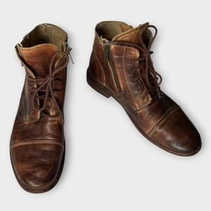 Bed Stu Bonnie II Lace Up Leather Boots Side Zip Teak Rustic Brown Combat 7.5